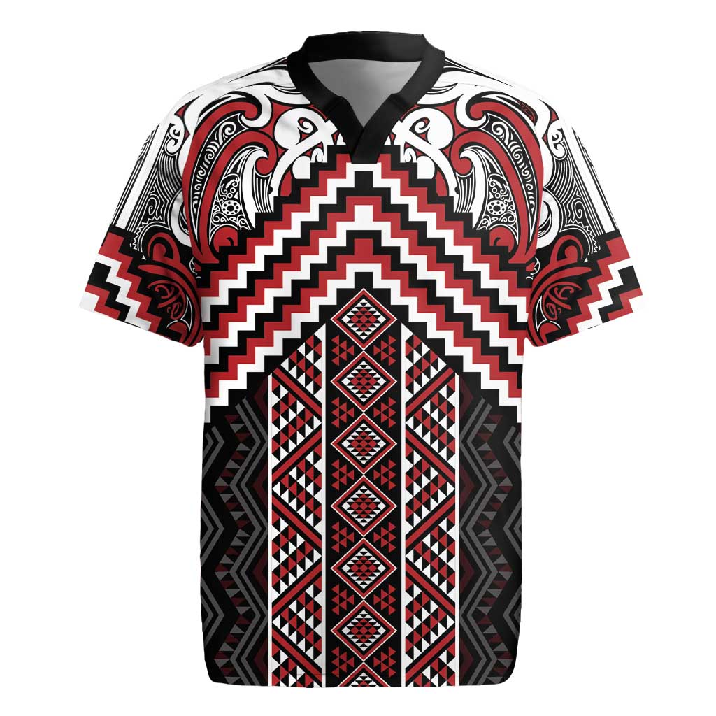 Maori Tukutuku Taniko Motifs Rugby Jersey Red Poutama Mix Kowhaiwhai
