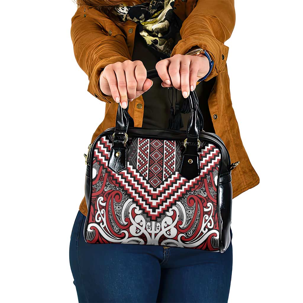 Maori Tukutuku Taniko Motifs Shoulder Handbag Red Poutama Mix Kowhaiwhai LT7 One Size Red - Polynesian Pride