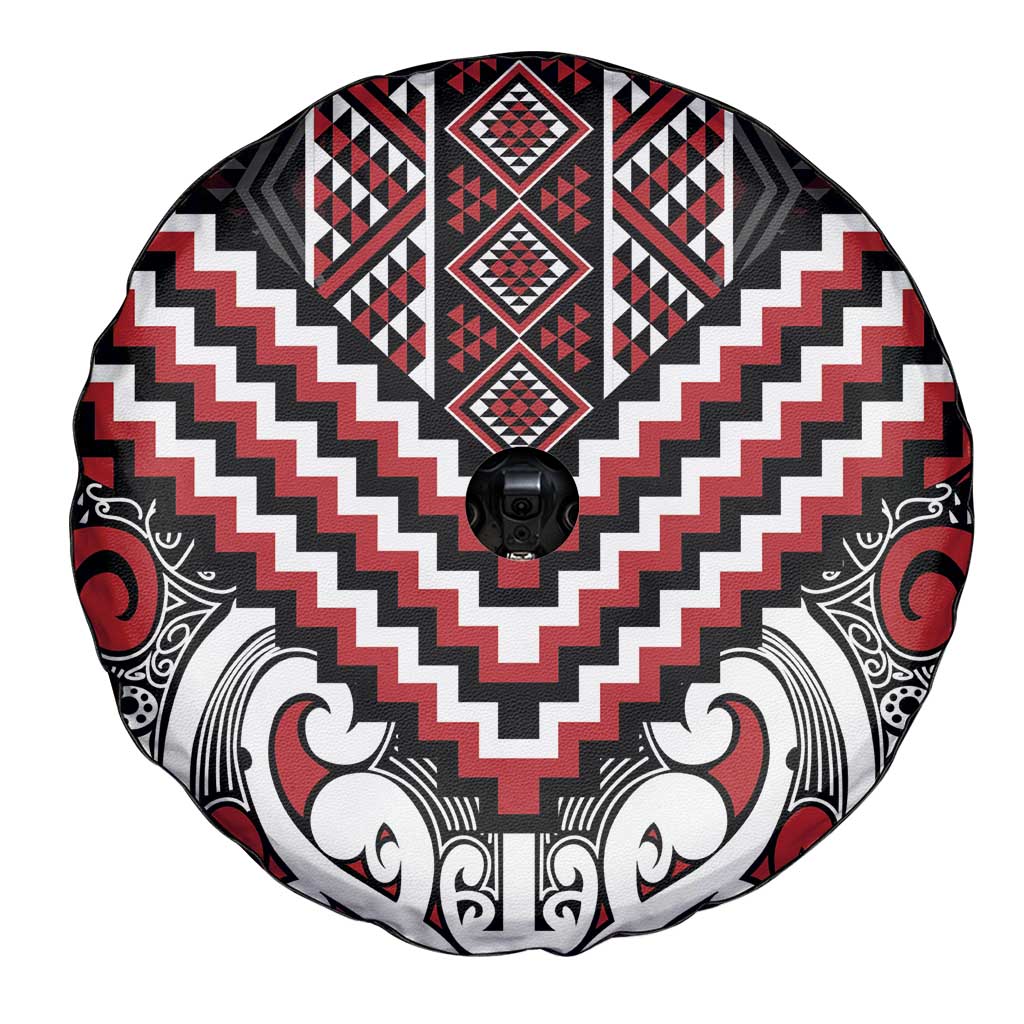 Maori Tukutuku Taniko Motifs Spare Tire Cover Red Poutama Mix Kowhaiwhai