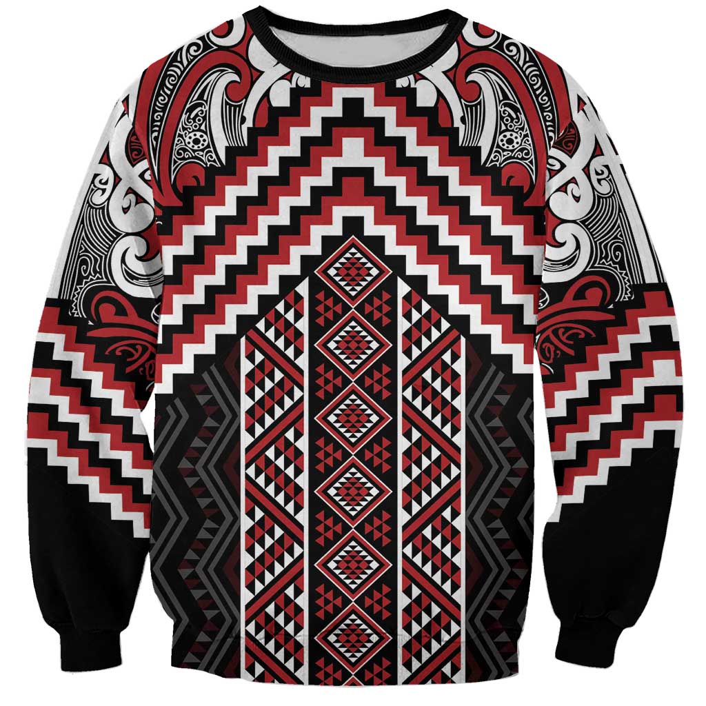 Maori Tukutuku Taniko Motifs Sweatshirt Red Poutama Mix Kowhaiwhai