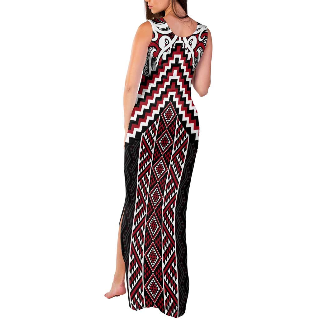 Maori Tukutuku Taniko Motifs Tank Maxi Dress Red Poutama Mix Kowhaiwhai