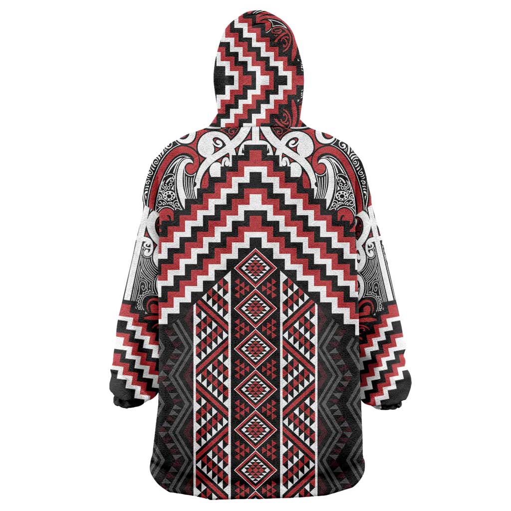 Maori Tukutuku Taniko Motifs Wearable Blanket Hoodie Red Poutama Mix Kowhaiwhai