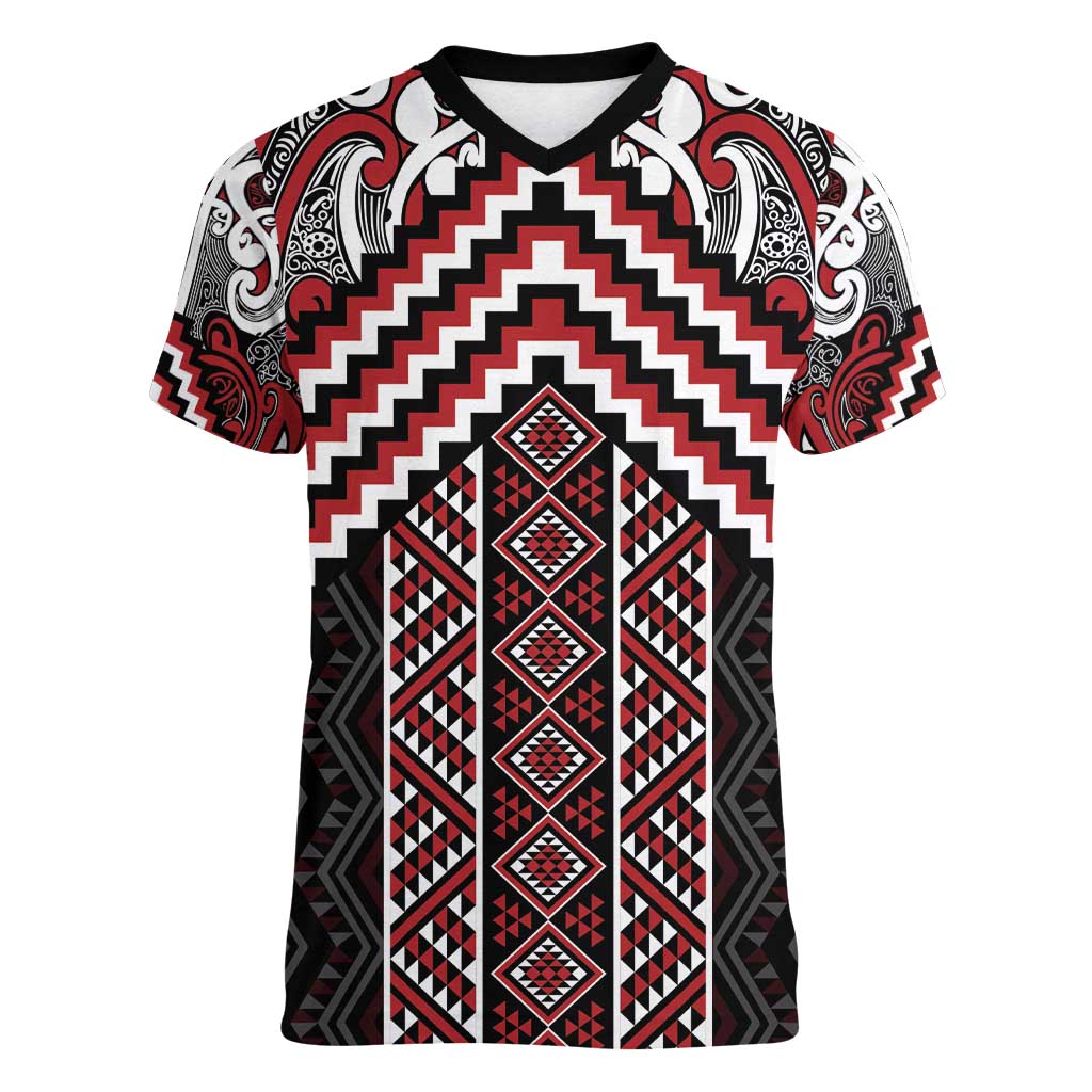 Maori Tukutuku Taniko Motifs Women V-Neck T-Shirt Red Poutama Mix Kowhaiwhai