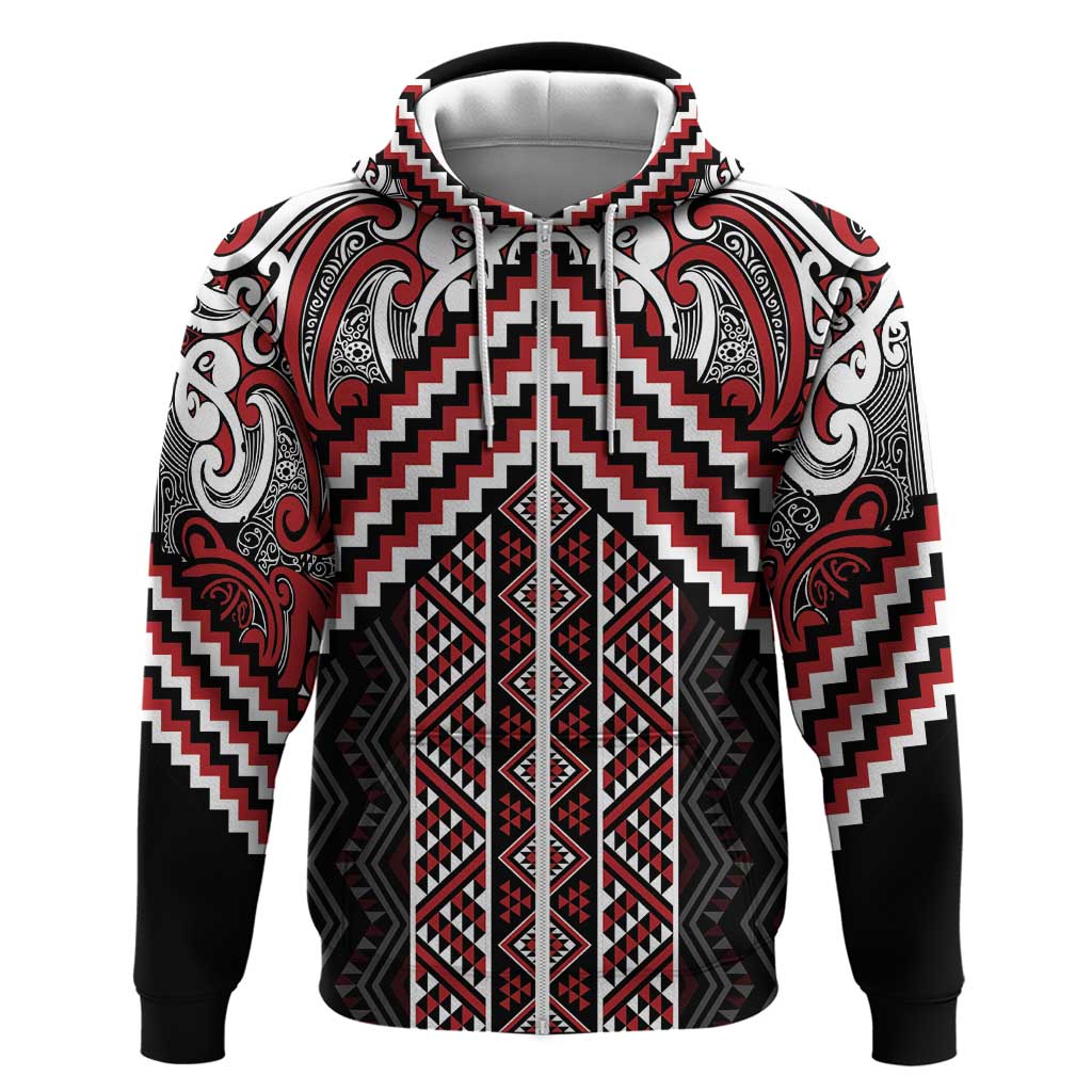 Maori Tukutuku Taniko Motifs Zip Hoodie Red Poutama Mix Kowhaiwhai LT7 Zip Hoodie Red - Polynesian Pride