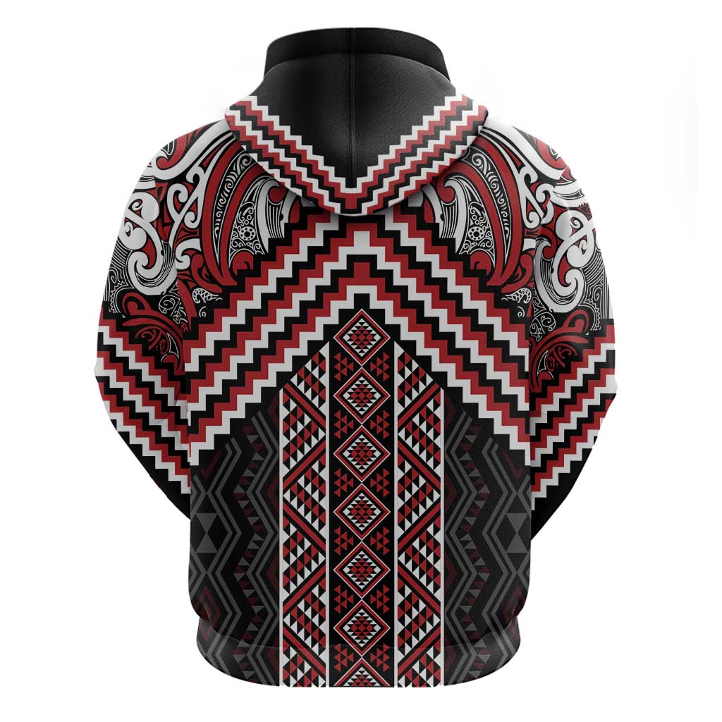 Maori Tukutuku Taniko Motifs Zip Hoodie Red Poutama Mix Kowhaiwhai LT7 - Polynesian Pride