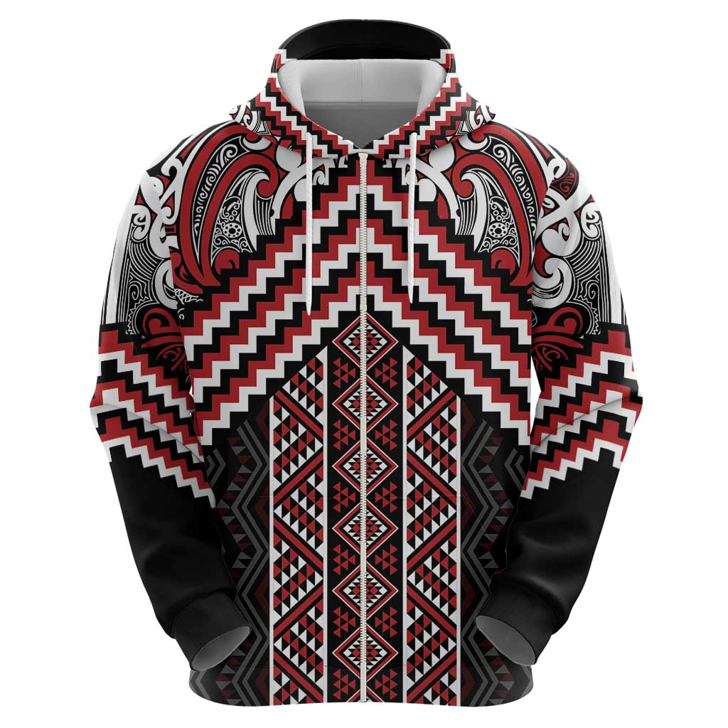 Maori Tukutuku Taniko Motifs Zip Hoodie Red Poutama Mix Kowhaiwhai LT7 - Polynesian Pride