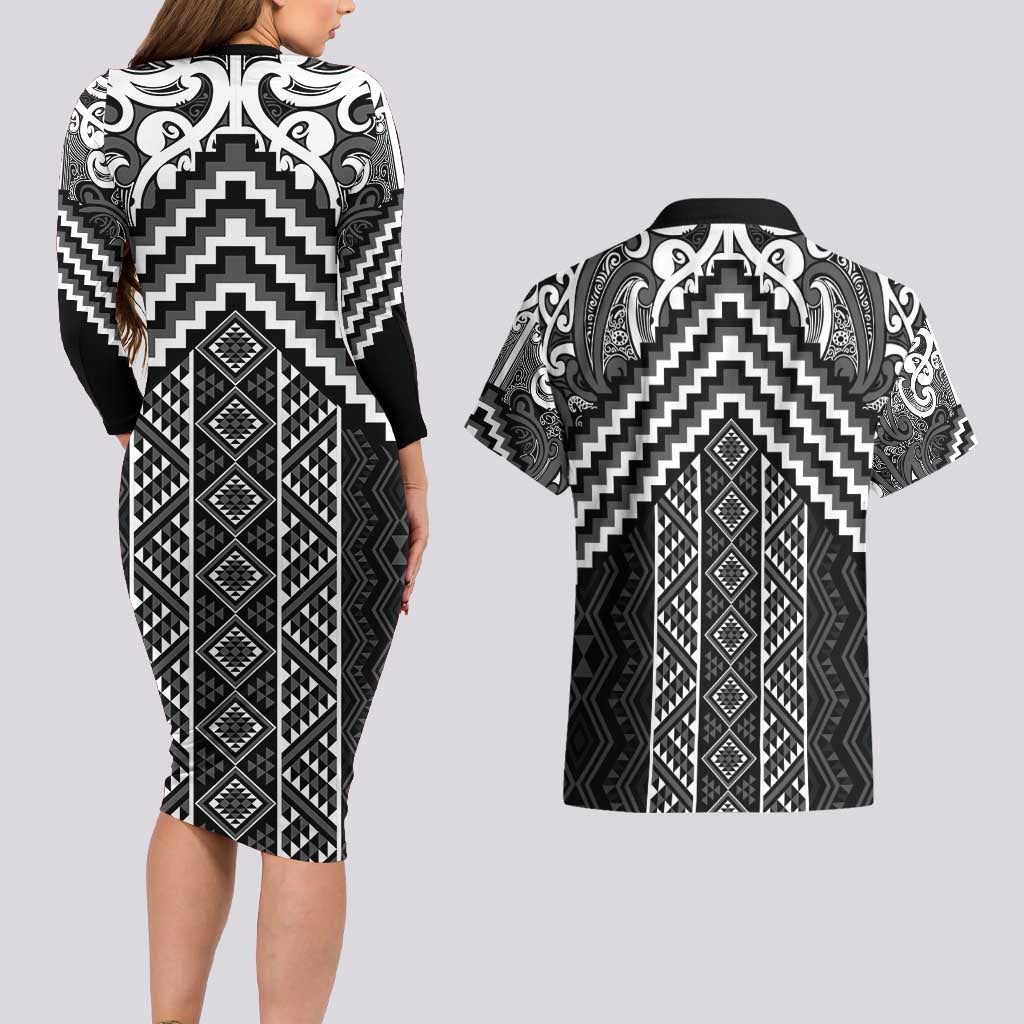 Maori Tukutuku Taniko Motifs Couples Matching Long Sleeve Bodycon Dress and Hawaiian Shirt Black Poutama Mix Kowhaiwhai