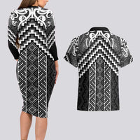 Maori Tukutuku Taniko Motifs Couples Matching Long Sleeve Bodycon Dress and Hawaiian Shirt Black Poutama Mix Kowhaiwhai