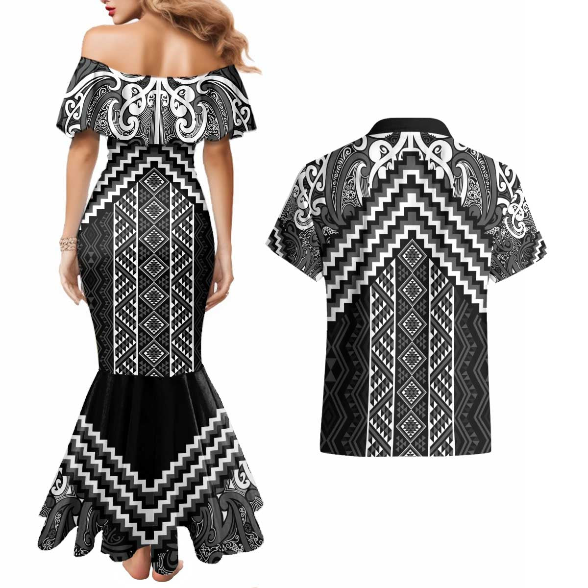 Maori Tukutuku Taniko Motifs Couples Matching Mermaid Dress and Hawaiian Shirt Black Poutama Mix Kowhaiwhai