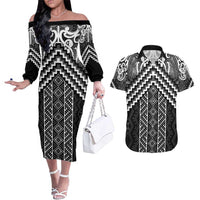 Maori Tukutuku Taniko Motifs Couples Matching Off The Shoulder Long Sleeve Dress and Hawaiian Shirt Black Poutama Mix Kowhaiwhai