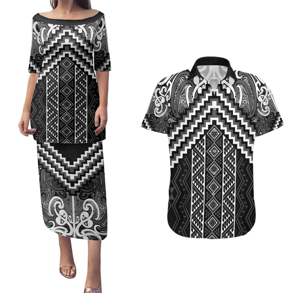 Maori Tukutuku Taniko Motifs Couples Matching Puletasi and Hawaiian Shirt Black Poutama Mix Kowhaiwhai