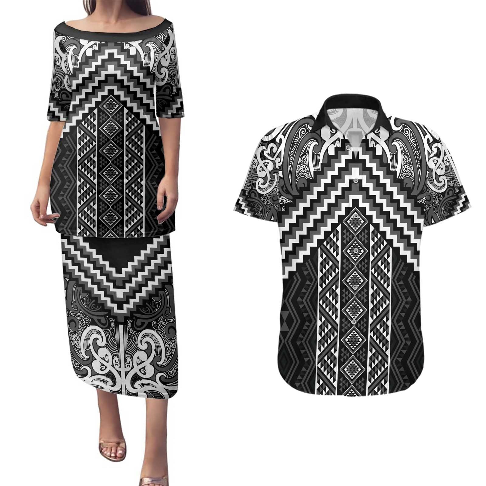Maori Tukutuku Taniko Motifs Couples Matching Puletasi and Hawaiian Shirt Black Poutama Mix Kowhaiwhai