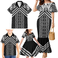 Maori Tukutuku Taniko Motifs Family Matching Mermaid Dress and Hawaiian Shirt Black Poutama Mix Kowhaiwhai
