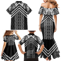Maori Tukutuku Taniko Motifs Family Matching Mermaid Dress and Hawaiian Shirt Black Poutama Mix Kowhaiwhai