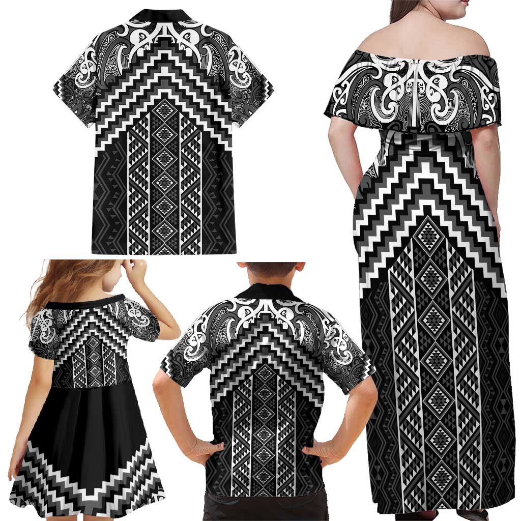 Maori Tukutuku Taniko Motifs Family Matching Off Shoulder Maxi Dress and Hawaiian Shirt Black Poutama Mix Kowhaiwhai