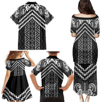 Maori Tukutuku Taniko Motifs Family Matching Puletasi and Hawaiian Shirt Black Poutama Mix Kowhaiwhai