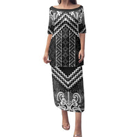 Maori Tukutuku Taniko Motifs Family Matching Puletasi and Hawaiian Shirt Black Poutama Mix Kowhaiwhai