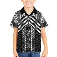 Maori Tukutuku Taniko Motifs Family Matching Puletasi and Hawaiian Shirt Black Poutama Mix Kowhaiwhai