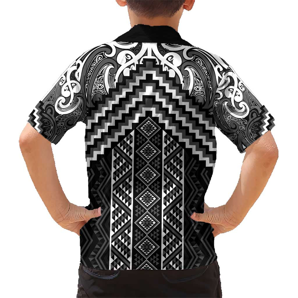 Maori Tukutuku Taniko Motifs Family Matching Short Sleeve Bodycon Dress and Hawaiian Shirt Black Poutama Mix Kowhaiwhai