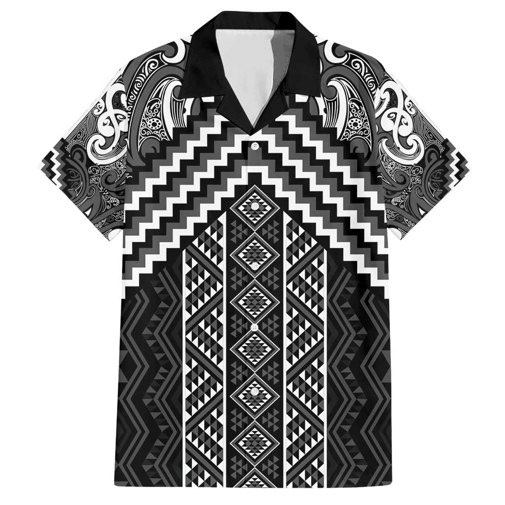 Maori Tukutuku Taniko Motifs Family Matching Short Sleeve Bodycon Dress and Hawaiian Shirt Black Poutama Mix Kowhaiwhai