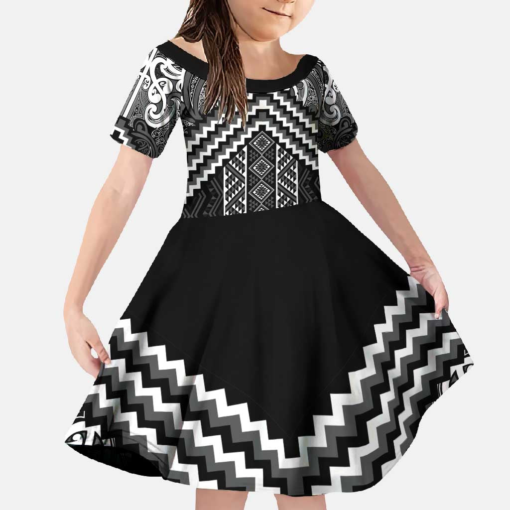 Maori Tukutuku Taniko Motifs Family Matching Tank Maxi Dress and Hawaiian Shirt Black Poutama Mix Kowhaiwhai LT7 Daughter's Dress Black - Polynesian Pride