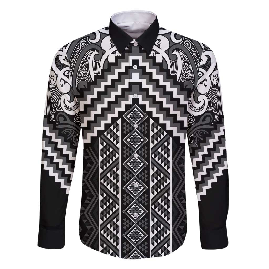 Maori Tukutuku Taniko Motifs Family Matching Tank Maxi Dress and Hawaiian Shirt Black Poutama Mix Kowhaiwhai LT7 Dad's Shirt - Long Sleeve Black - Polynesian Pride