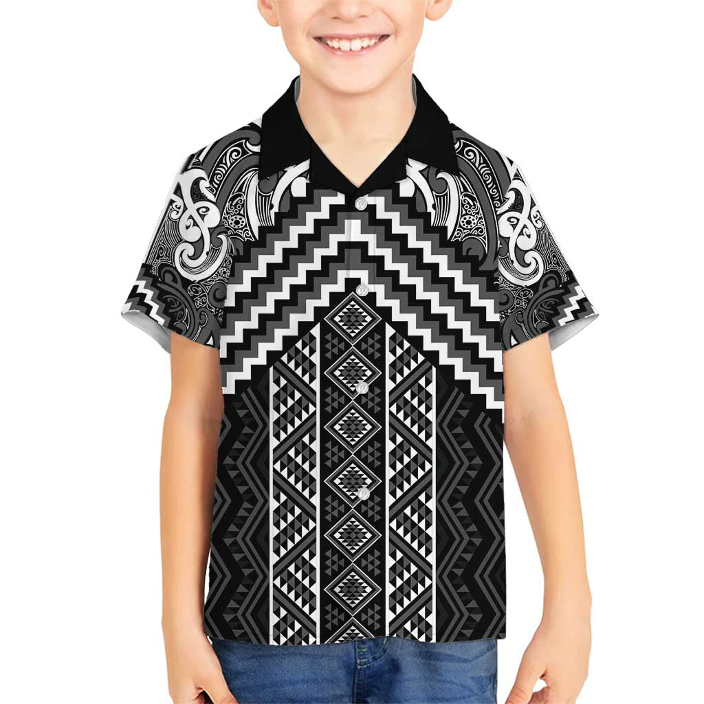 Maori Tukutuku Taniko Motifs Family Matching Tank Maxi Dress and Hawaiian Shirt Black Poutama Mix Kowhaiwhai LT7 Son's Shirt Black - Polynesian Pride