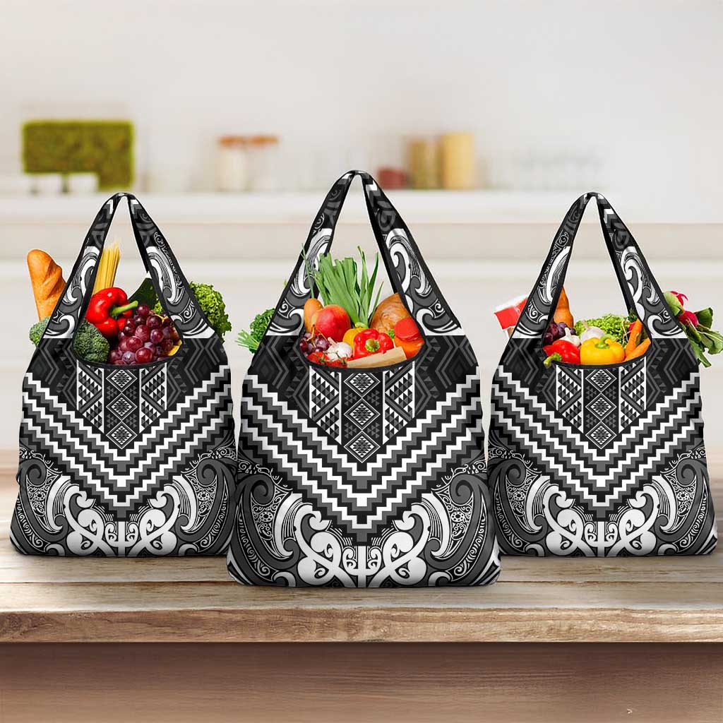 Maori Tukutuku Taniko Motifs Grocery Bag Black Poutama Mix Kowhaiwhai
