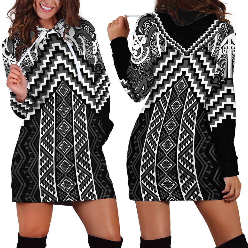 Maori Tukutuku Taniko Motifs Hoodie Dress Black Poutama Mix Kowhaiwhai