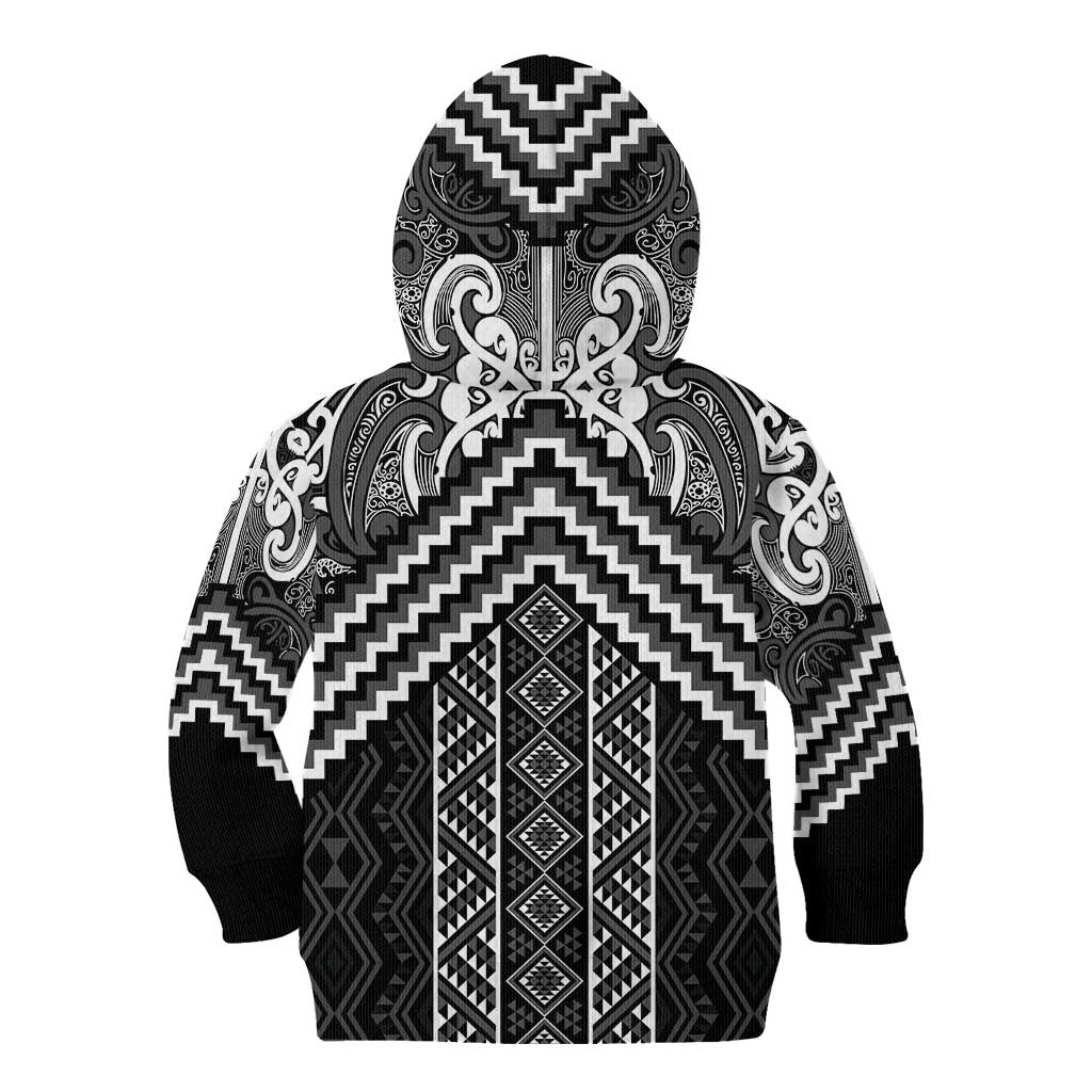 Maori Tukutuku Taniko Motifs Kid Hoodie Black Poutama Mix Kowhaiwhai