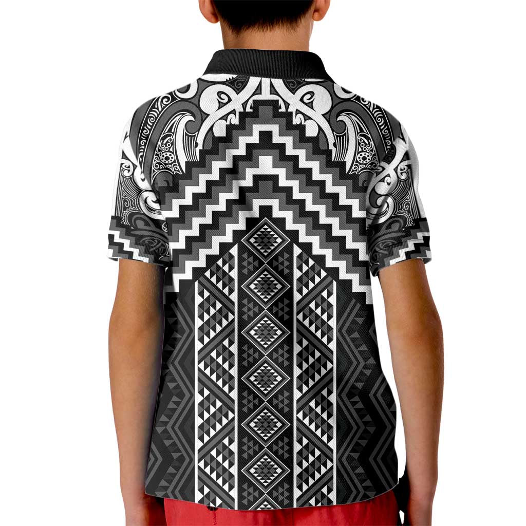 Maori Tukutuku Taniko Motifs Kid Polo Shirt Black Poutama Mix Kowhaiwhai