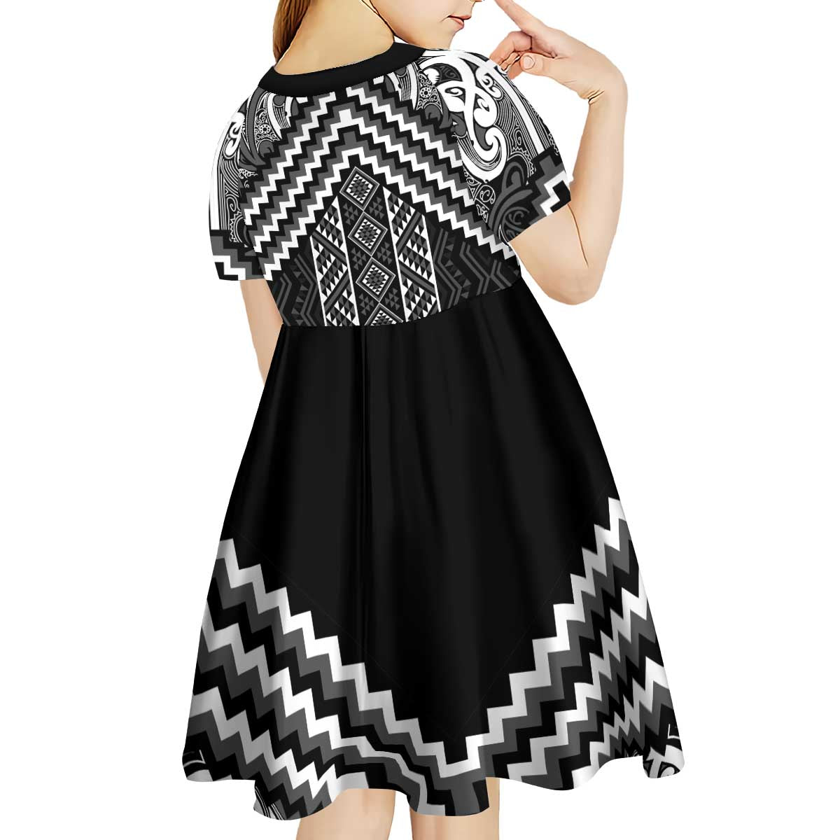 Maori Tukutuku Taniko Motifs Kid Short Sleeve Dress Black Poutama Mix Kowhaiwhai