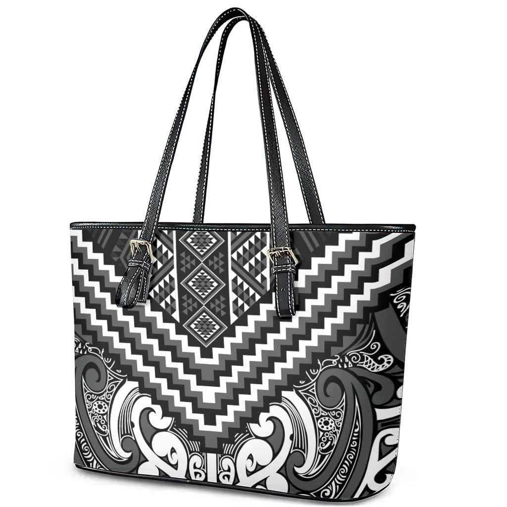 Maori Tukutuku Taniko Motifs Leather Tote Bag Black Poutama Mix Kowhaiwhai