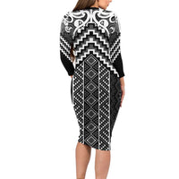 Maori Tukutuku Taniko Motifs Long Sleeve Bodycon Dress Black Poutama Mix Kowhaiwhai
