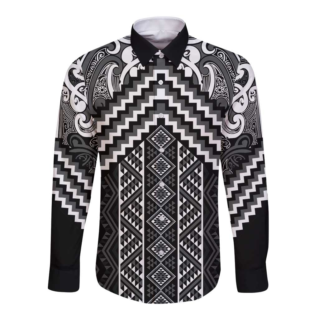 Maori Tukutuku Taniko Motifs Long Sleeve Button Shirt Black Poutama Mix Kowhaiwhai