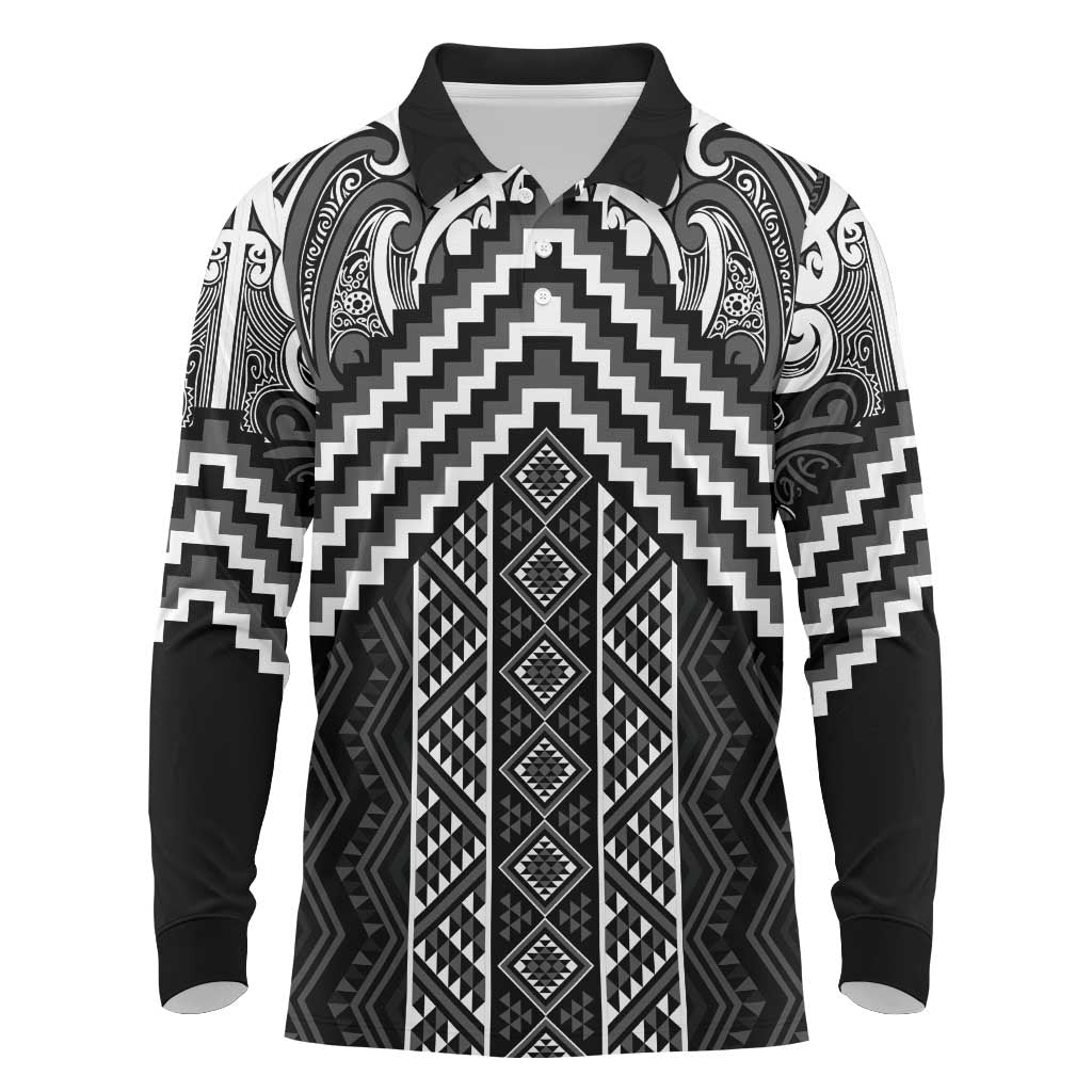 Maori Tukutuku Taniko Motifs Long Sleeve Polo Shirt Black Poutama Mix Kowhaiwhai