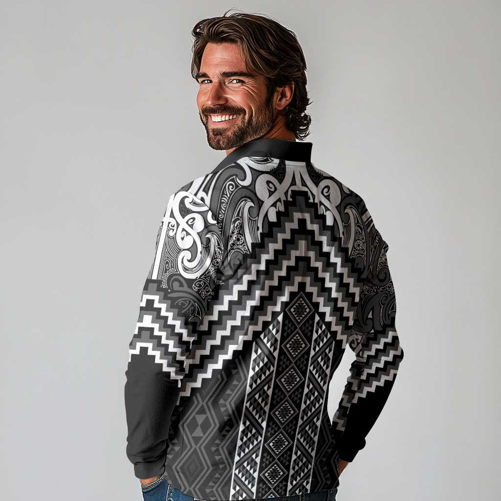 Maori Tukutuku Taniko Motifs Long Sleeve Polo Shirt Black Poutama Mix Kowhaiwhai