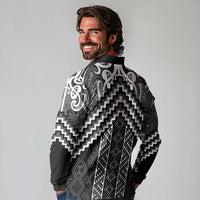 Maori Tukutuku Taniko Motifs Long Sleeve Polo Shirt Black Poutama Mix Kowhaiwhai