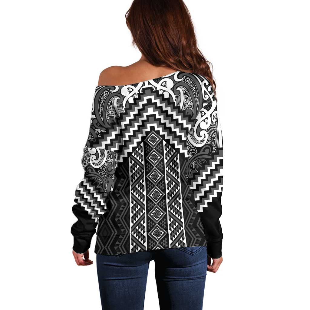 Maori Tukutuku Taniko Motifs Off Shoulder Sweater Black Poutama Mix Kowhaiwhai