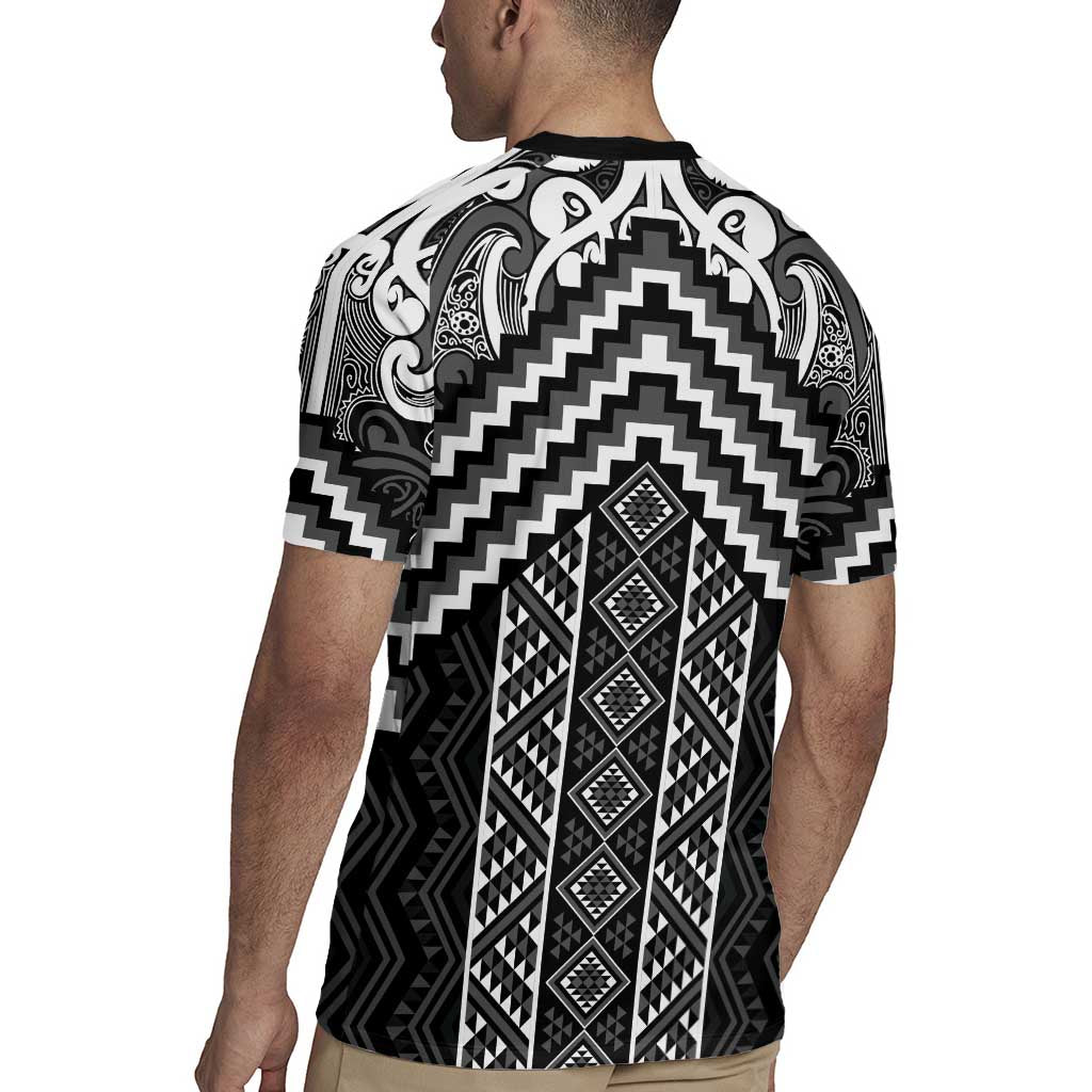 Maori Tukutuku Taniko Motifs Rugby Jersey Black Poutama Mix Kowhaiwhai