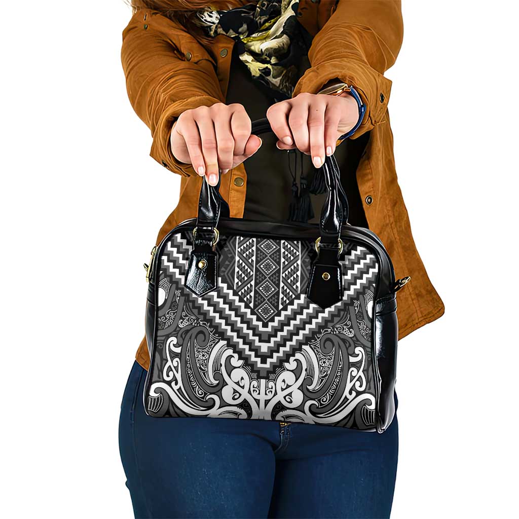 Maori Tukutuku Taniko Motifs Shoulder Handbag Black Poutama Mix Kowhaiwhai LT7 One Size Black - Polynesian Pride