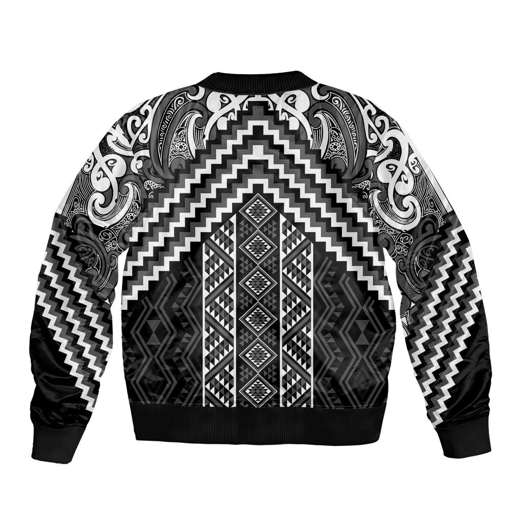 Maori Tukutuku Taniko Motifs Sleeve Zip Bomber Jacket Black Poutama Mix Kowhaiwhai