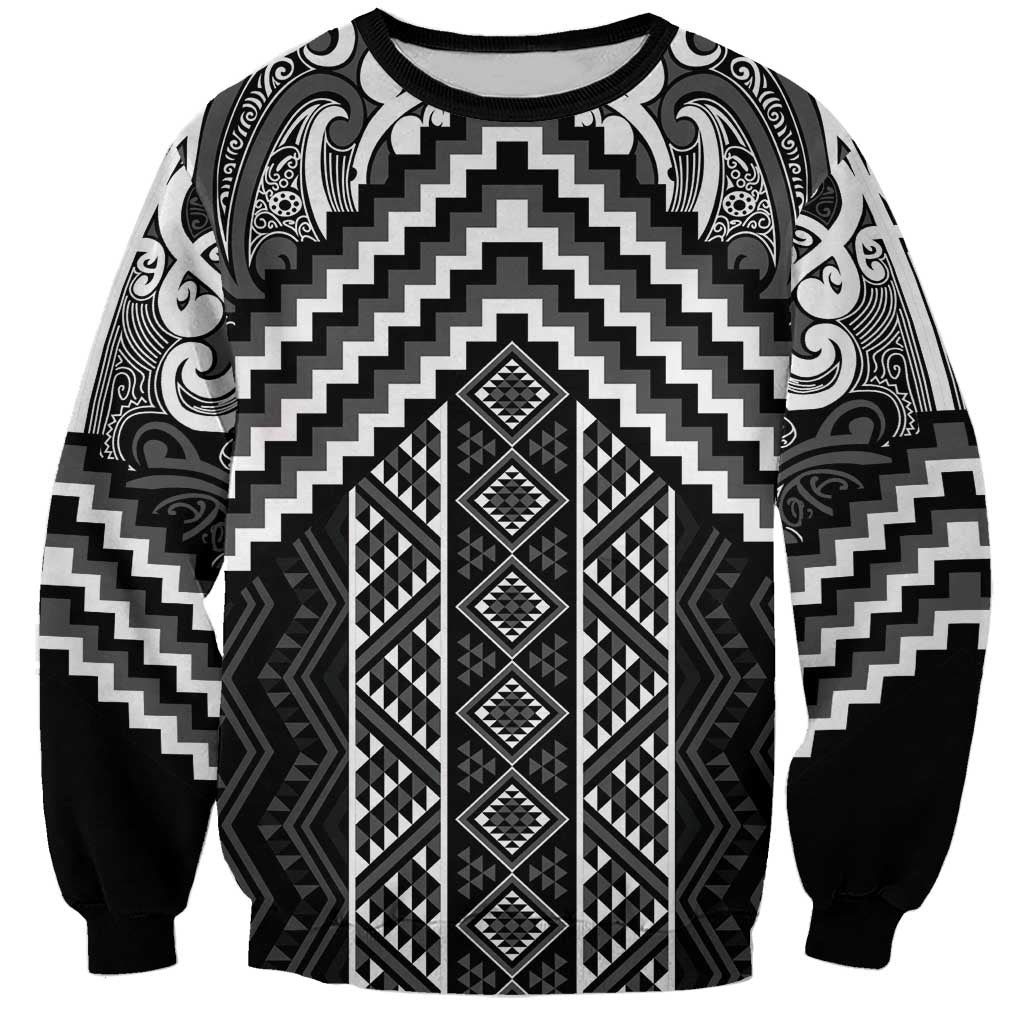 Maori Tukutuku Taniko Motifs Sweatshirt Black Poutama Mix Kowhaiwhai