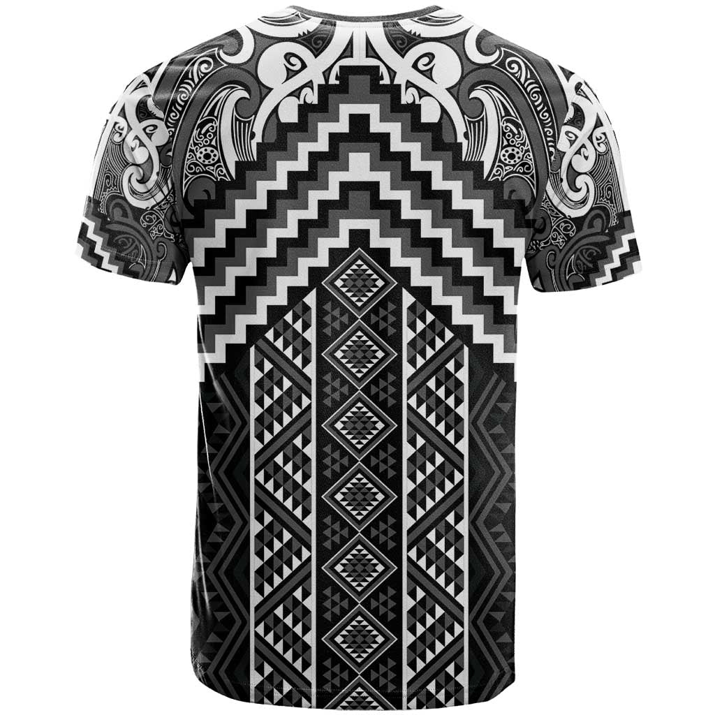 Maori Tukutuku Taniko Motifs T Shirt Black Poutama Mix Kowhaiwhai