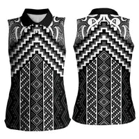 Maori Tukutuku Taniko Motifs Women Sleeveless Polo Shirt Black Poutama Mix Kowhaiwhai