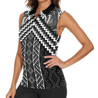 Maori Tukutuku Taniko Motifs Women Sleeveless Polo Shirt Black Poutama Mix Kowhaiwhai