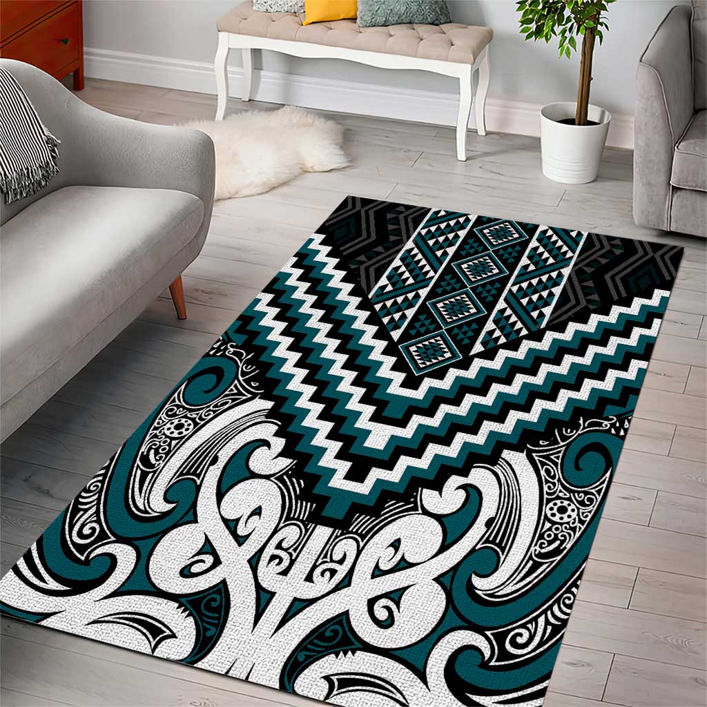 Maori Tukutuku Taniko Motifs Area Rug Teal Poutama Mix Kowhaiwhai