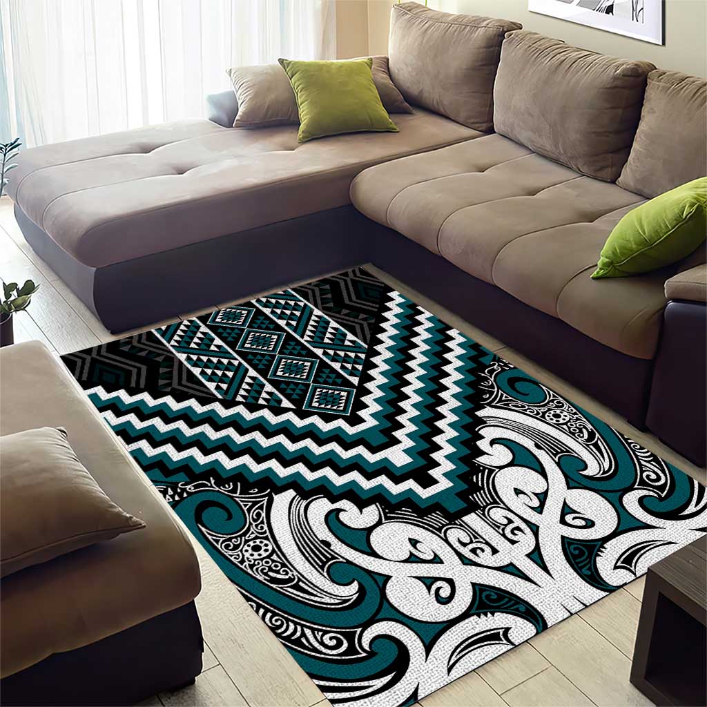 Maori Tukutuku Taniko Motifs Area Rug Teal Poutama Mix Kowhaiwhai