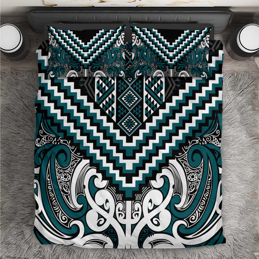 Maori Tukutuku Taniko Motifs Bedding Set Teal Poutama Mix Kowhaiwhai