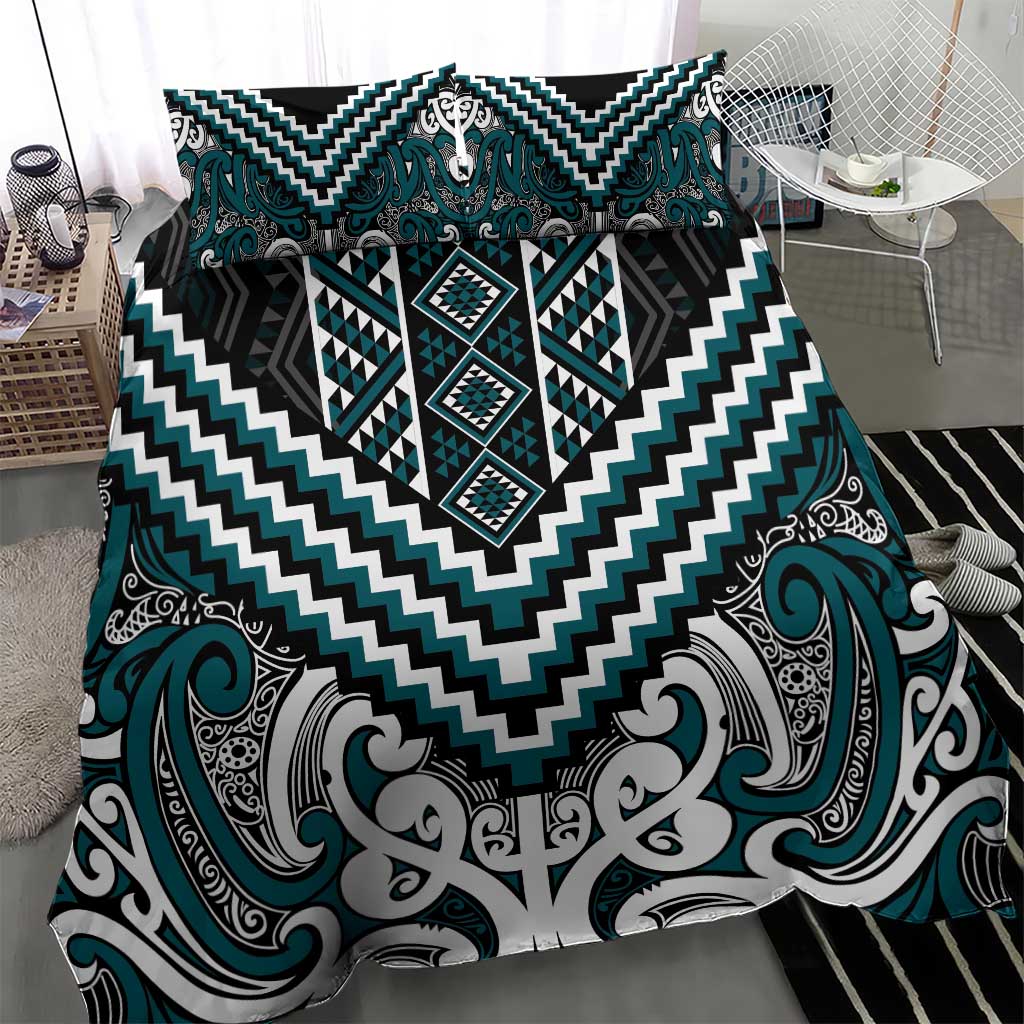 Maori Tukutuku Taniko Motifs Bedding Set Teal Poutama Mix Kowhaiwhai